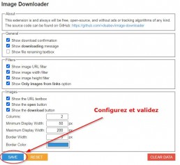 Écran de configuration de l'extension