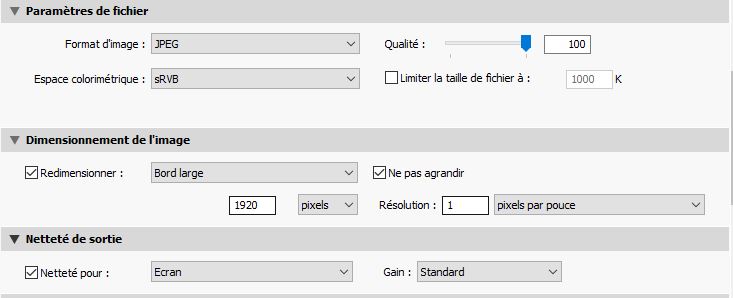 Réglage exportation image dans Lightroom